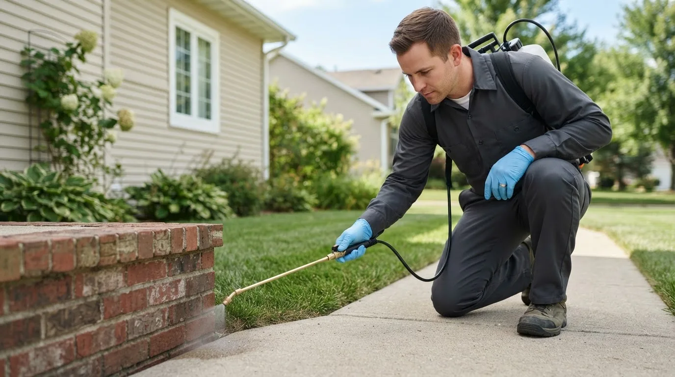 Pest control technician treating a home near Lengby, MN
